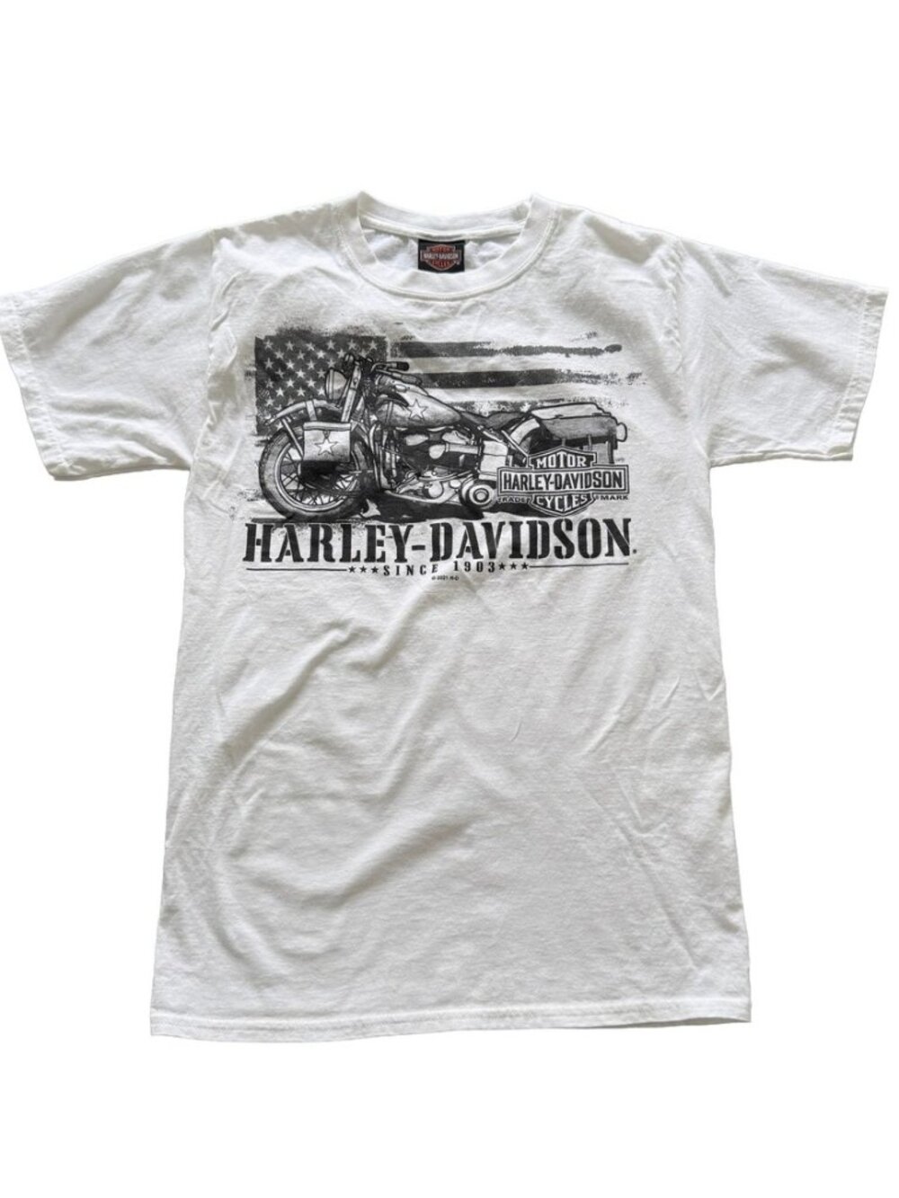 Harley Davidson Mens White Graphic T-Shirt American Flag Motorcycle Small 2021